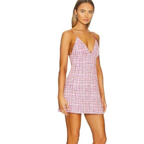 House of Harlow 1960 Tweed Mini Dress Strappy Candy Pink White Women's Large - Picture 2 of 12